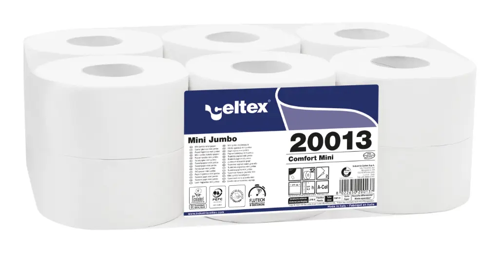 [C20013] Papier toilette mini jumbo Pure ouate 2 plis Comforte 9.2*18 723F Lot de 12 rouleaux ECOLABEL